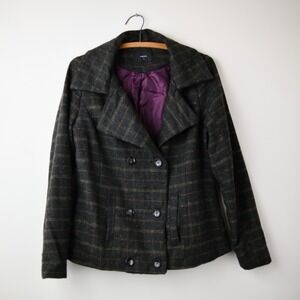 Vmong Plaid Pea Coat Jacket Size‎ M Wool Blend Dark Academia Double Breasted